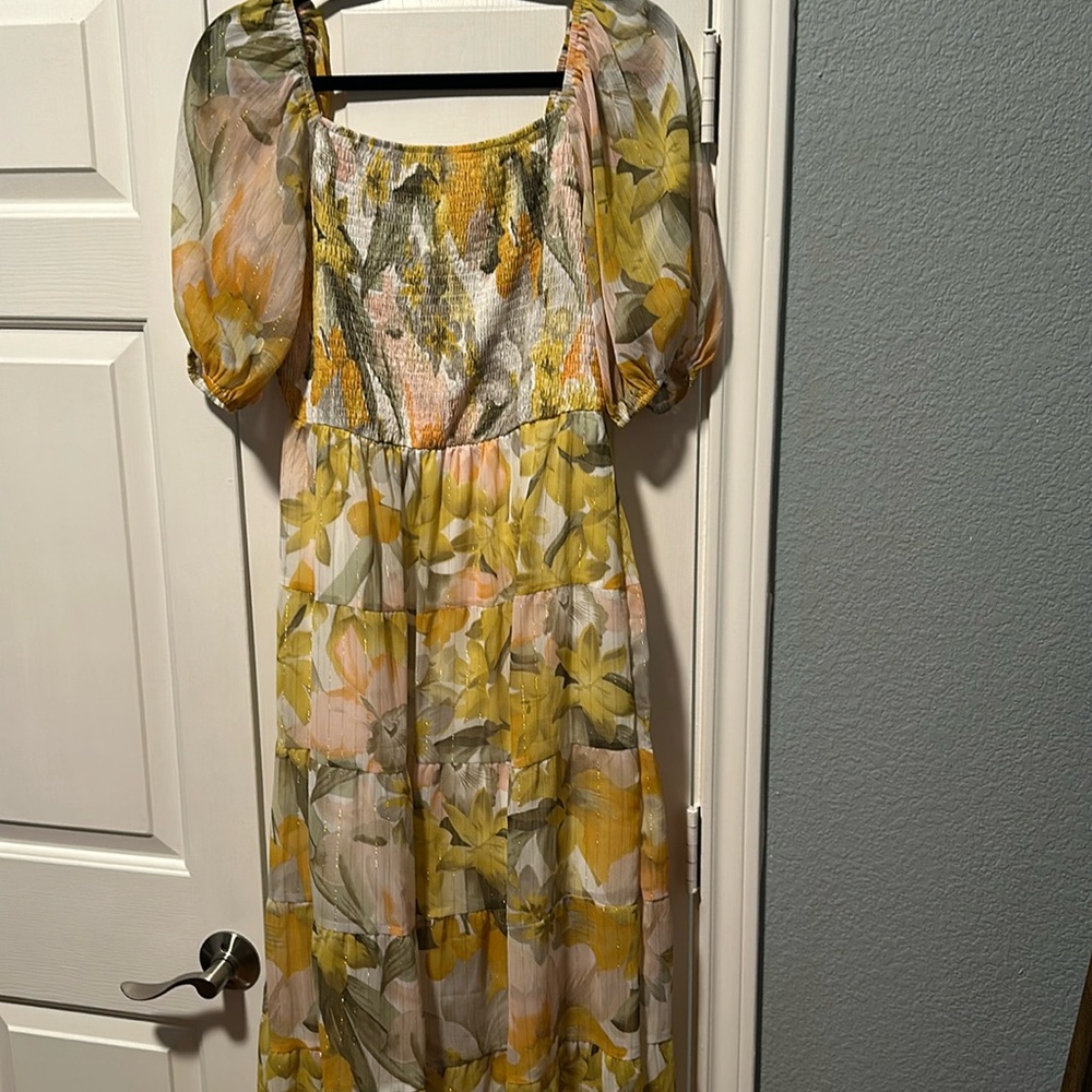 Midi Length floral dress with a smocked bodice